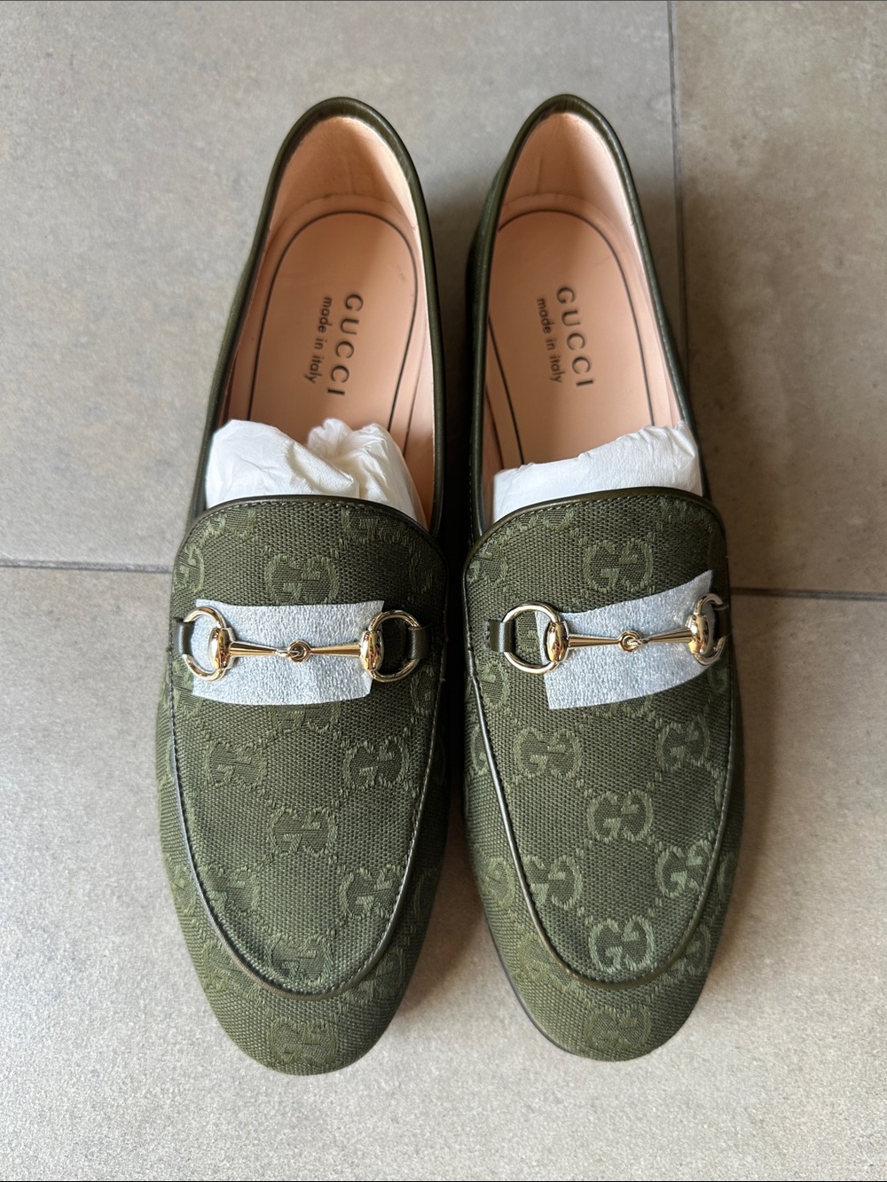 Gucci Green GG Jordaan Jacquard Canvas with gold Horsebit Loafers